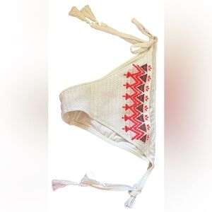 Aerie Embroidered Tie Side Bikini Bottoms Cream Red Boho Size M